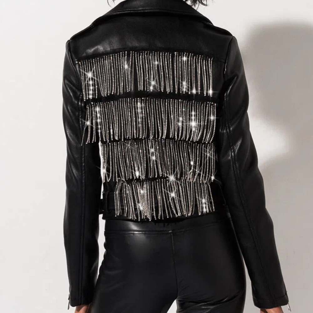 Azalea Wang Bling It On Rhinestone Fringe Moto Jacket